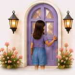A young girl knocking at a purple front door framed by flowers