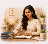 A student reading at a lamplit desk with a stack of books