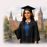 Melita in cap and gown in front of the college buildings