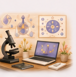 A microscope and a laptop on a workbench beside science diagrams