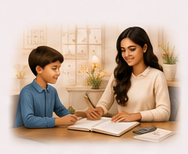 Melita working through a notebook with a young student