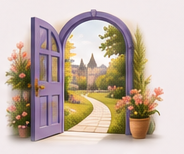 An open purple garden door onto a sunlit path