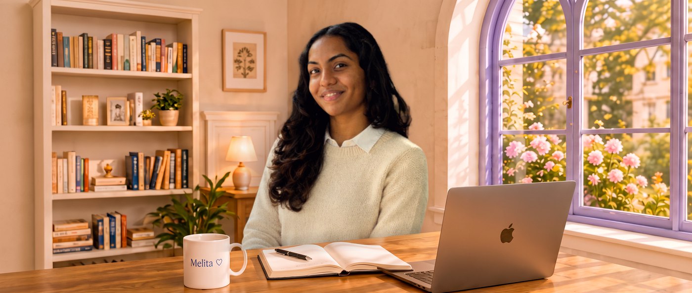 Melita at her study desk beside a window, laptop and open notebook in front of her