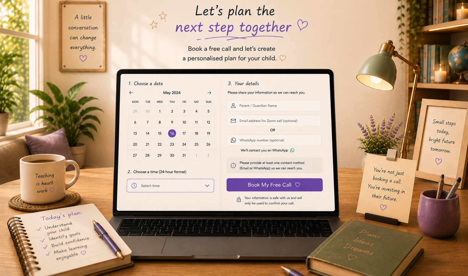 A laptop on a warm desk showing a booking calendar, beside lavender and a green desk lamp