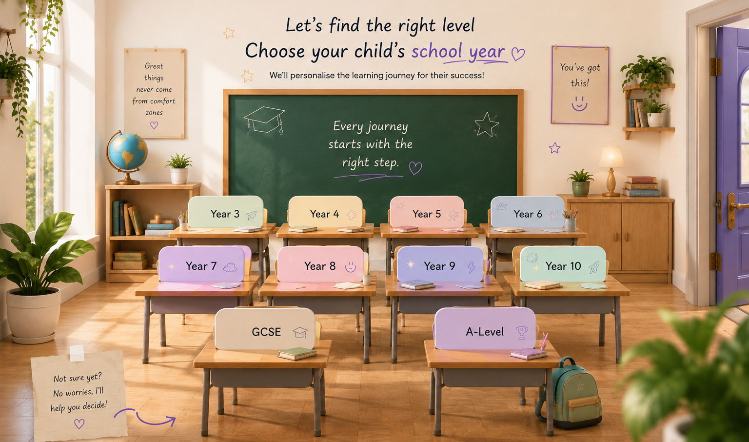 A sunlit classroom where every desk carries a year group sign, from Year 3 to A-Level