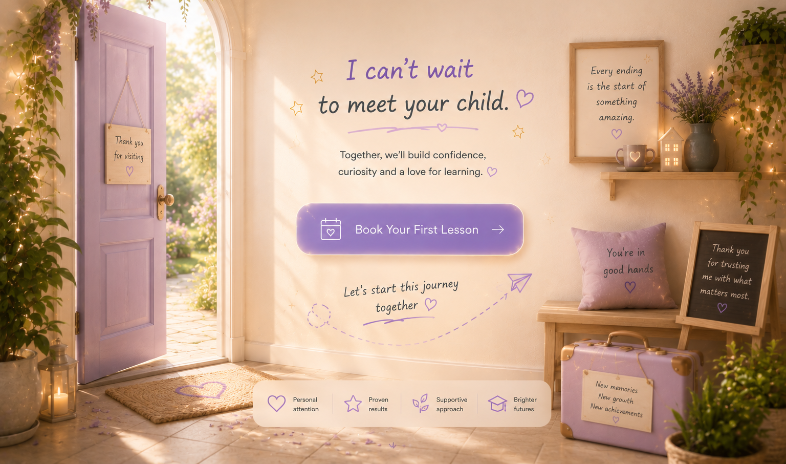 The lavender door open onto a sunlit garden — I can't wait to meet your child. Book your first lesson.