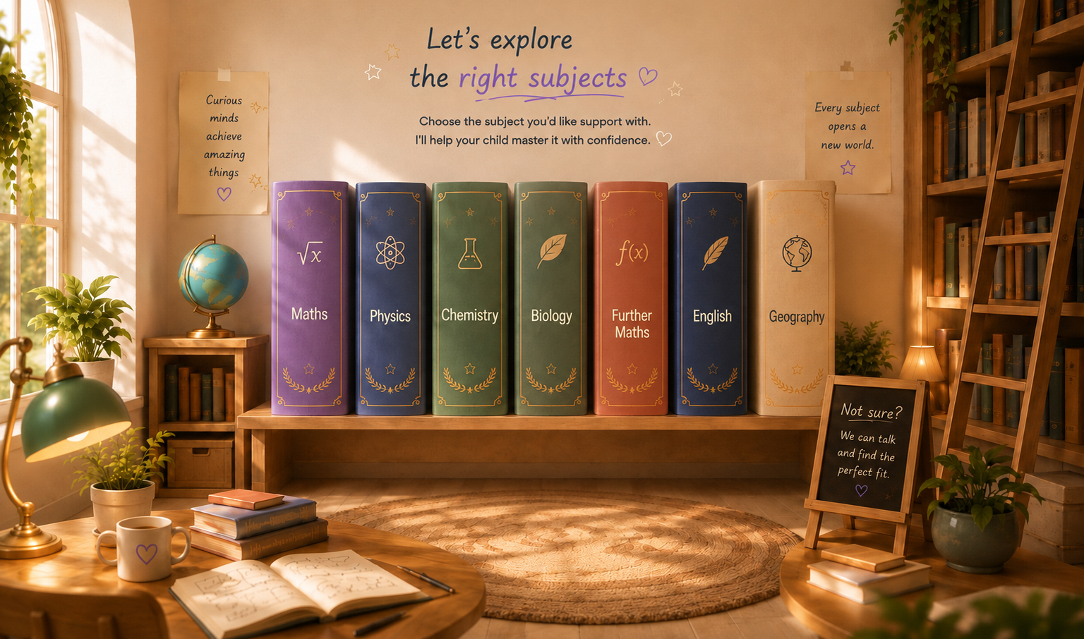A library where each GCSE subject waits on the shelf as its own book